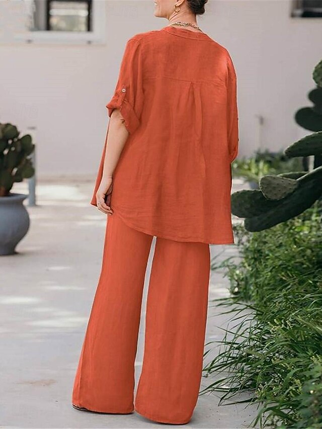 Vintage Print Shirt Pants Sets 2026.Women's Basic Shirt Two Piece Sets Pants Sets Wide Leg Pants Trousers ...