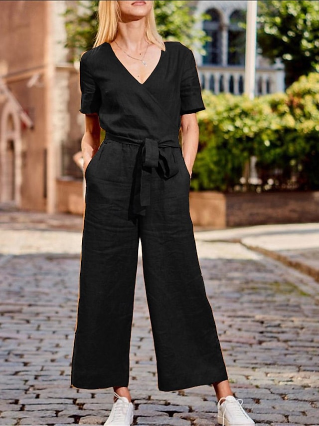  Femme Normal Combinaison Vêtement de rue Couleur unie Manche Courte Col V Lacet Poche Plein Air du quotidien Standard Noir Fuchsia Kaki Eté