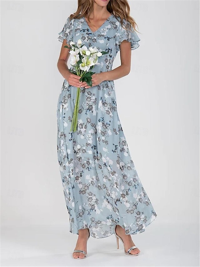  Women's Chiffon Casual Dress A Line Dress Floral Print V Neck Maxi Dress Vacation Short Sleeve Summer