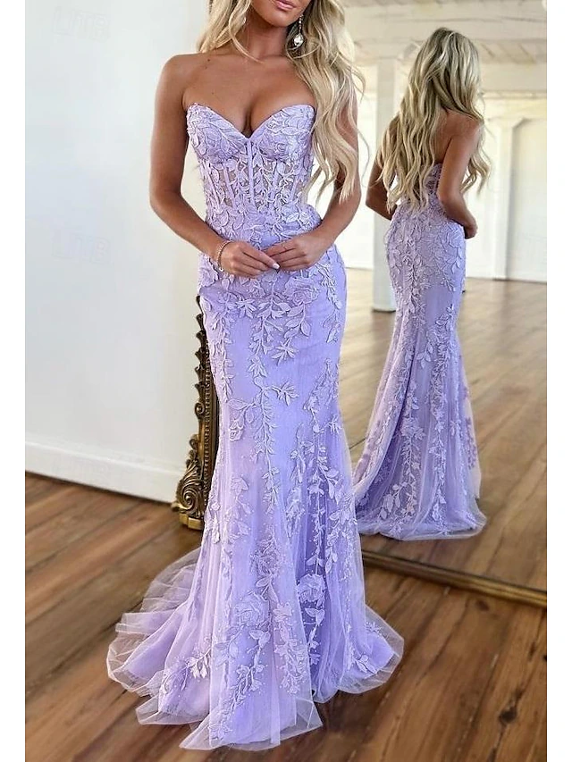 Mermaid Prom Dresses Glittering Dress Evening Party Sweep / Brush Train Sleeveless Strapless Lace Backless with Appliques 9