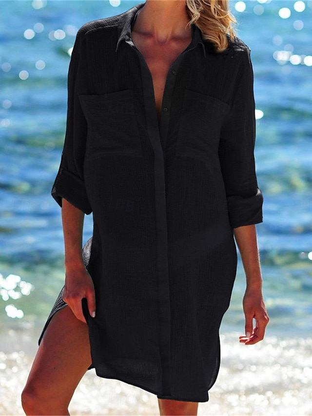  Per donna Vestito bianco Mini abito Pulsante Da mare Spiaggia Essenziale Colletto Manica lunga Nero Bianco Blu marino Colore