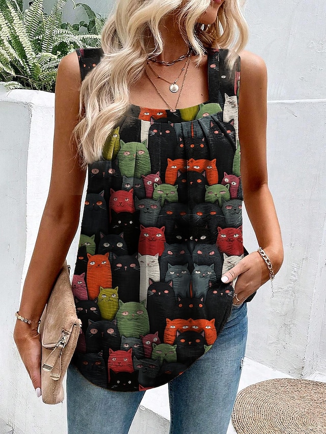  Women's Tank Top Vest Floral Print Casual Streetwear Daily Sleeveless Square Neck Black Summer