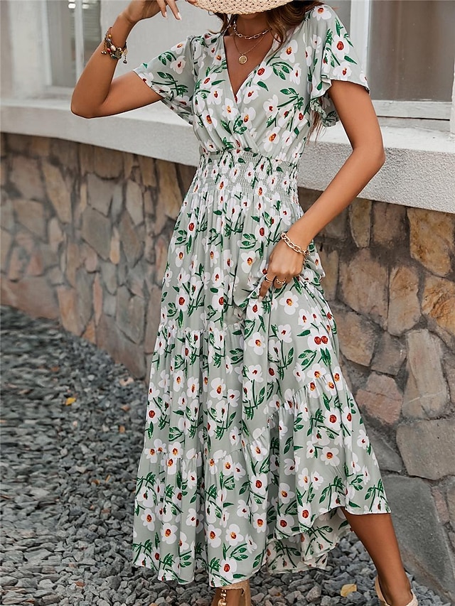  Γυναικεία Καθημερινό φόρεμα Φόρεμα σε γραμμή Α Φλοράλ Στάμπα Λαιμόκοψη V Μακρύ Φόρεμα Μάξι Φόρεμα Διακοπές Κοντομάνικο Καλοκαίρι