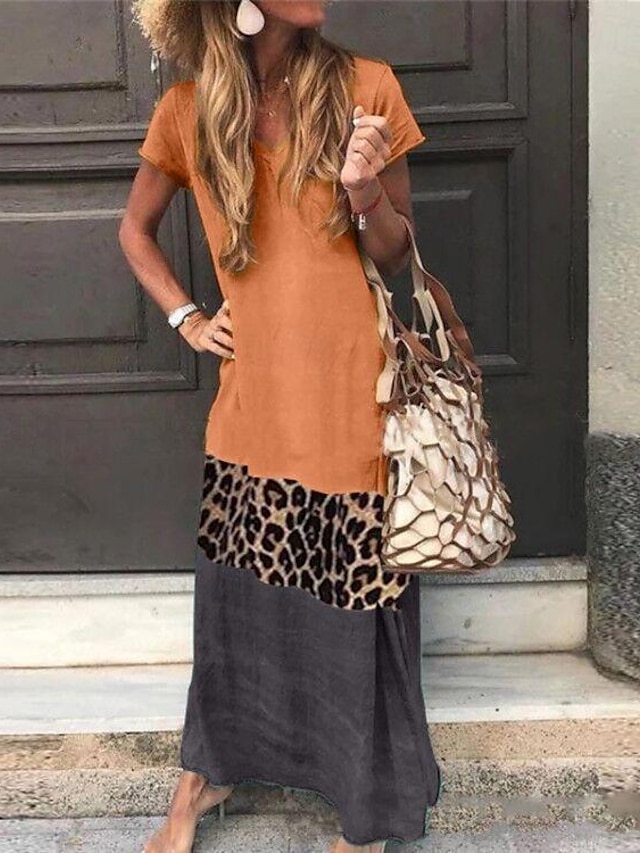  Simple and loose contrasting leopard print patchwork short sleeved printed V-neck long dress casual dress