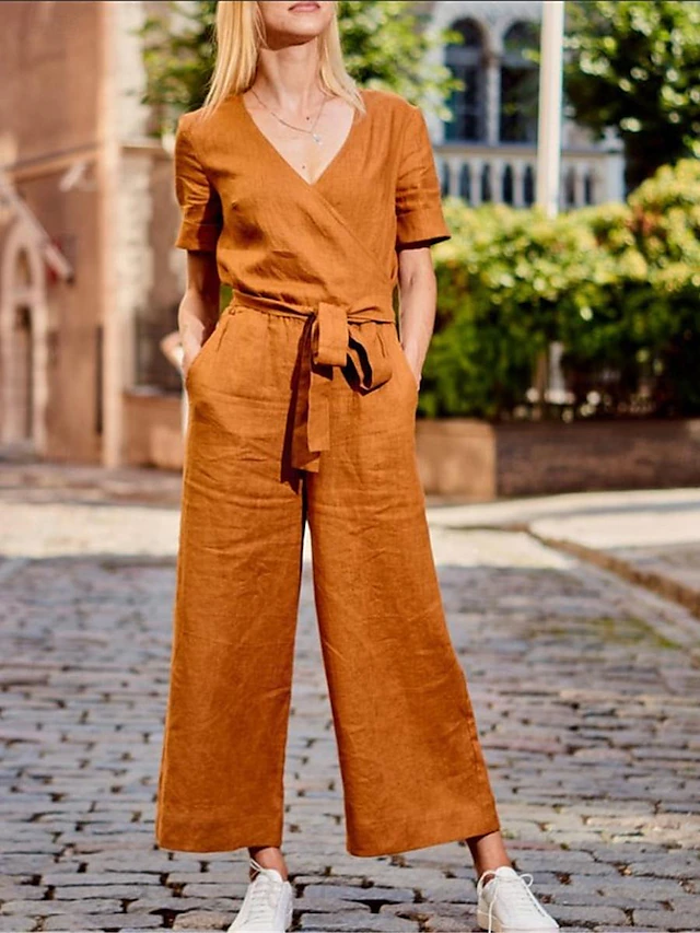 Women's Normal Jumpsuit Streetwear Solid Color Short Sleeve V Neck Lace up Pocket Street Daily Regular Fit Black Fuchsia Khaki Summer 14