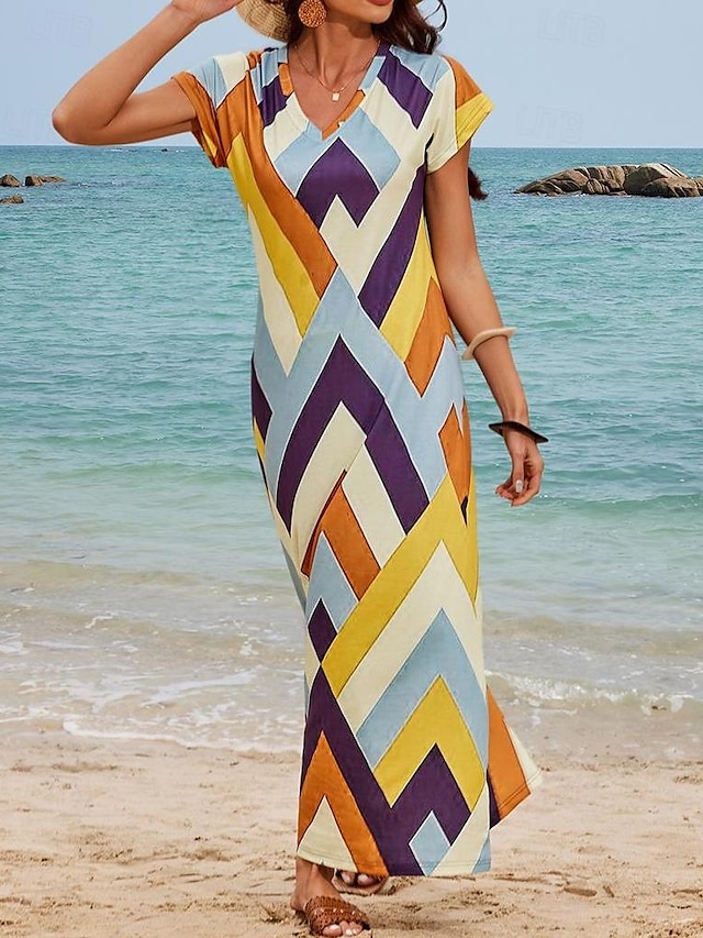  Women's Casual Dress Geometric Color Block Split Print V Neck Long Dress Maxi Dress Vacation Short Sleeve Summer