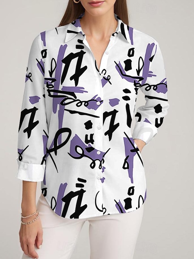  Women's Shirt Blouse Graffiti Casual Holiday Button Print White Long Sleeve Fashion Shirt Collar Spring &  Fall