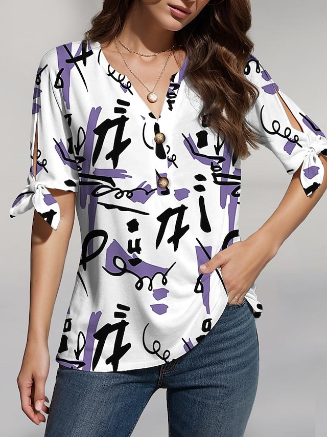  Femme T shirt Tee Graffiti Bouton Découpé Imprimer Casual Vacances Mode Manche Courte Col V Blanche Eté