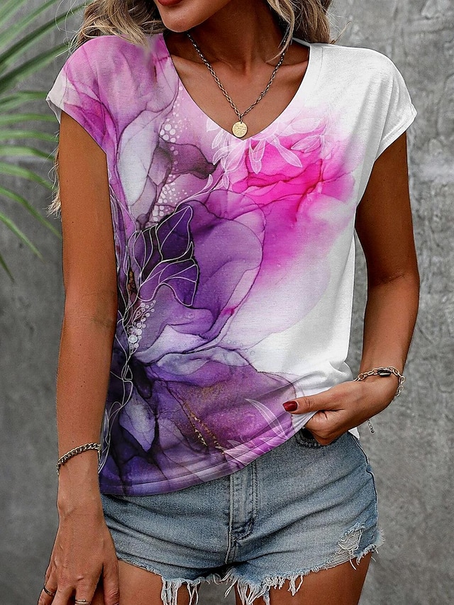  Damen T Shirt Blumen Bedruckt Casual Festtage Modisch Kurzarm V Ausschnitt Purpur Sommer