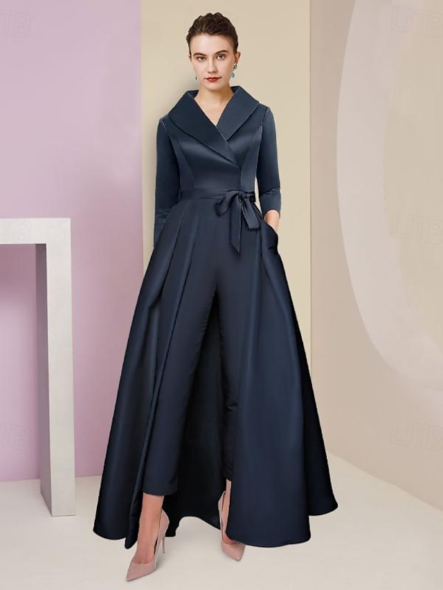  Jumpsuit / Pantsuit Mother of the Bride Dress With Overskirt Formal Fall Wedding Guest Party Simple Elegant Shirt Collar Ankle Length Satin 3/4 Length Sleeve with Bow(s) 2024