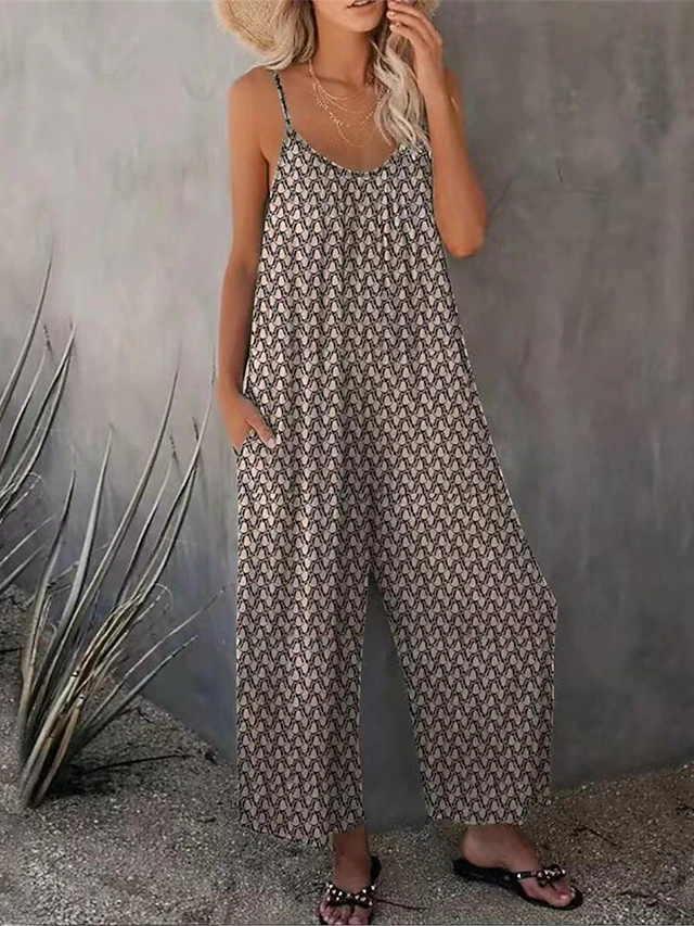 Women's Normal Jumpsuit Streetwear Floral Sleeveless U Neck Print Street Daily Regular Fit Khaki Gray Summer4