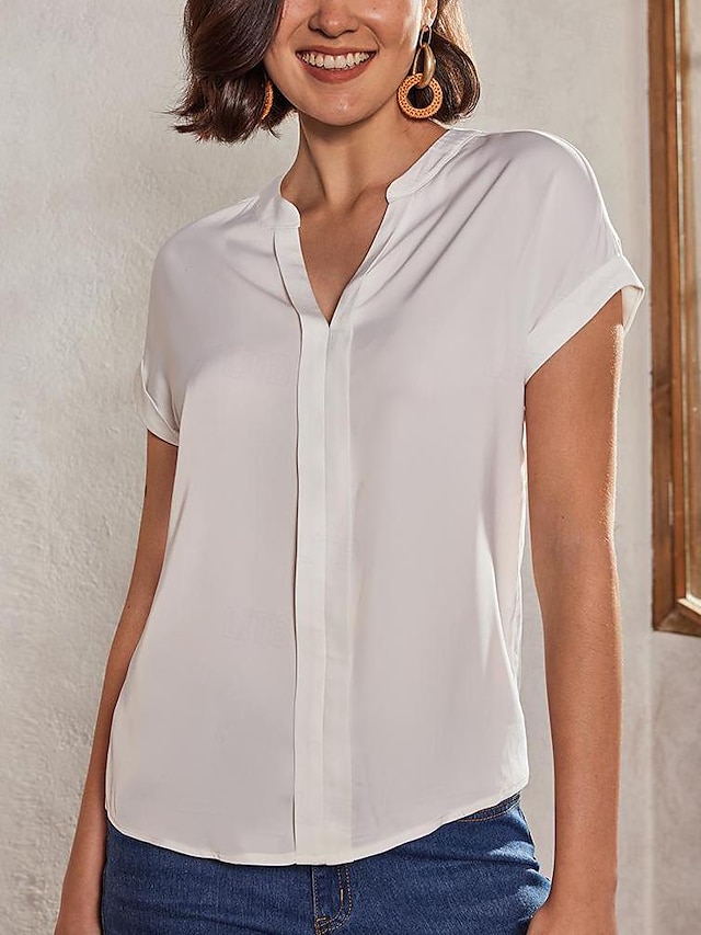  Жен. Большие размеры Рубашка Блуза Шифон Полотняное плетение Повседневные Элегантный стиль Мода Классический С короткими рукавами V-образный вырез Черный