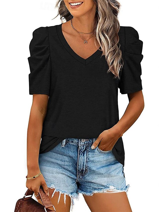  T-shirt Dame Sort Hvid Lilla Vanlig Krøllede Folder Gade Daglig Mode V-hals Regulær S