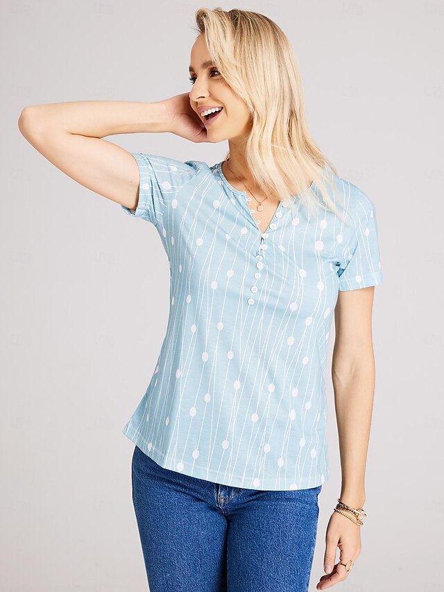 Women's Shirt Henley Shirt Blouse Polka Dot Striped Casual Button Print ...