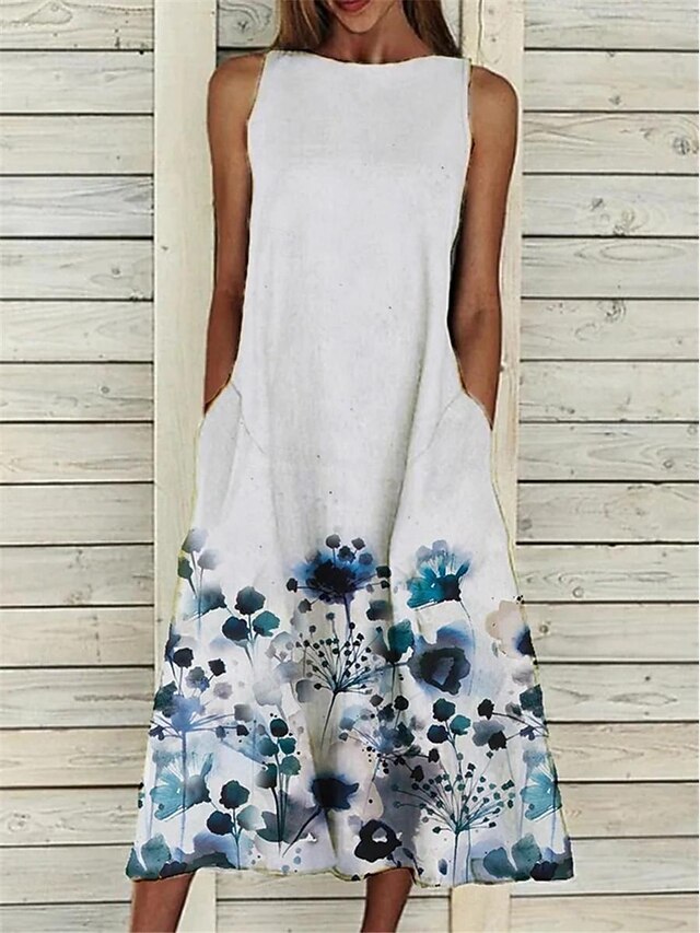 Robe D'été Femme En Coton-lin Sans Manches – Col En V, Poches, Boutons – Taille S à 5XL