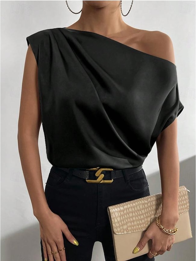  Débardeur femme en dentelle noir vert clair rose uni épaule dénudée mode de rue quotidien épaule unique coupe régulière S