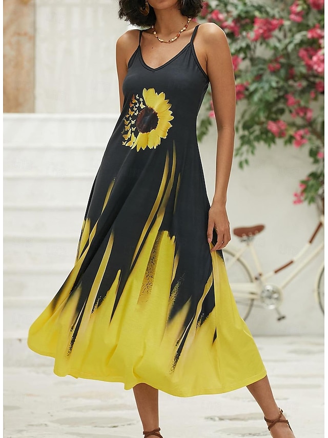  Γυναικεία Καθημερινό φόρεμα Φόρεμα σε γραμμή Α Σλιπ Φόρεμα Πεταλούδα Ηλιοτρόπιο Στάμπα Τιράντες Μακρύ φόρεμα Καθημερινά Ημερομηνία Αμάνικο Καλοκαίρι Άνοιξη