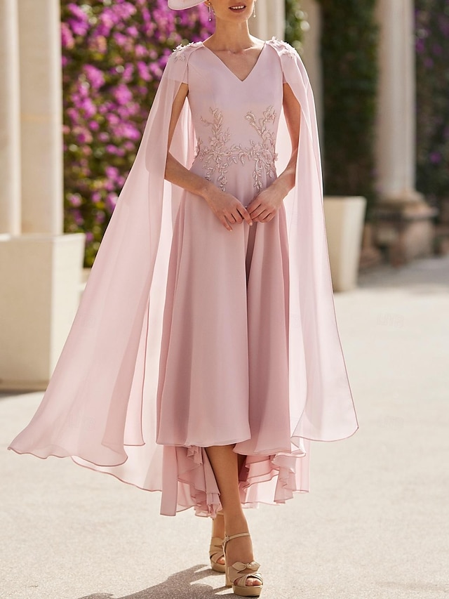  A-Line Pink Cocktail Dresses Elegant Dress Wedding Guest Engagement Ankle Length Long Sleeve V Neck Capes Chiffon with Appliques 2024