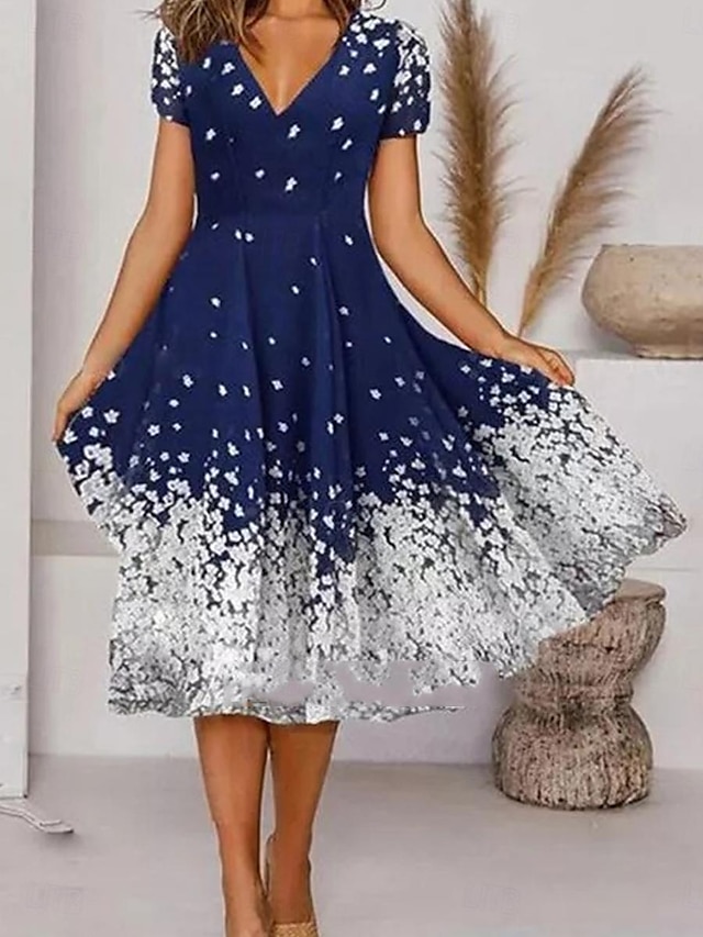  Γυναικεία Καθημερινό φόρεμα Φόρεμα σε γραμμή Α Φλοράλ Στάμπα Λαιμόκοψη V Μίντι φόρεμα Διακοπές Κοντομάνικο Καλοκαίρι