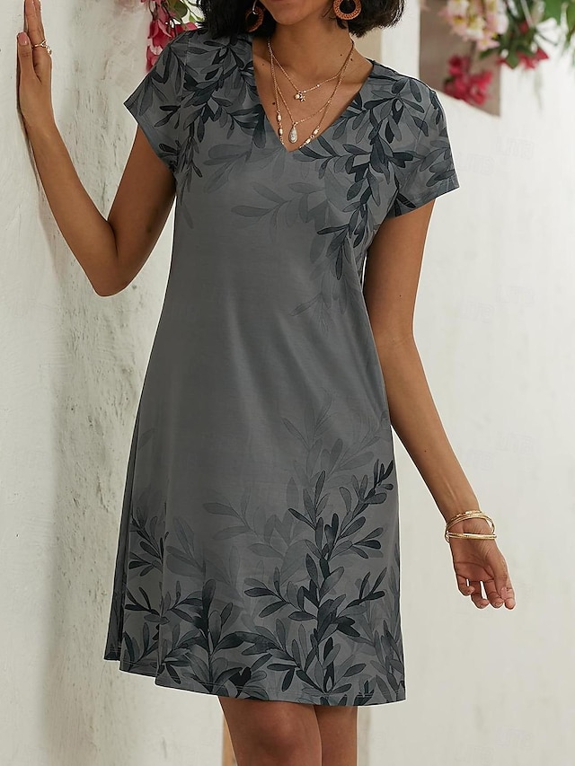  Women's Casual Dress Leaf Print V Neck Mini Dress Daily Vacation Short Sleeve Summer Spring