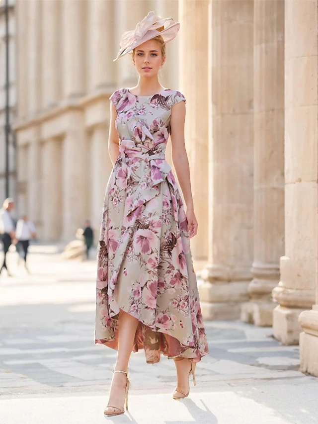 A-Line Mother of the Bride Dress Wedding Guest Elegant Vintage V Neck Ankle Length Satin Short Sleeve with Bow(s) Flower Wedding Guest Dress3