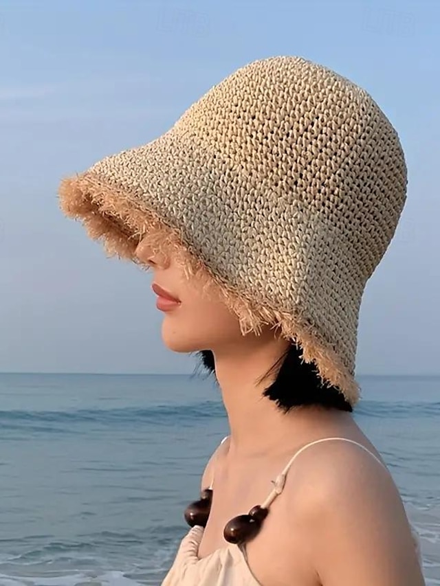  Simple Monochrome Raw Hem Sun Hat Breathable Straw Hat Summer Casual Sunshade Fisherman Hats