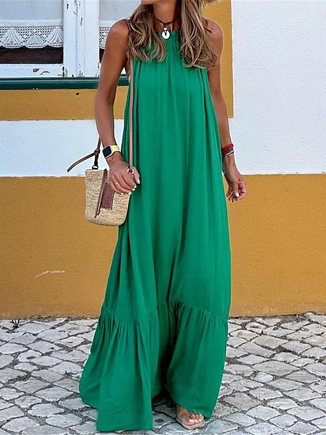 Women's Casual Dress Long Dress Maxi Dress Ruched Vacation Beach Streetwear Maxi Halter Neck Sleeveless Black Red Green Color 14