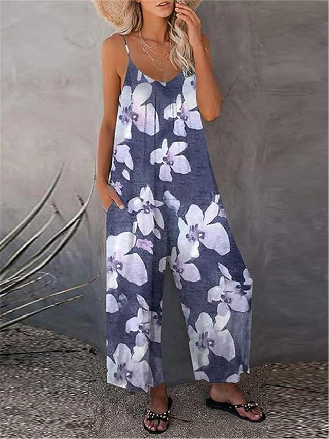 Women's Normal Dungarees Jumpsuit Streetwear Floral Sleeveless U Neck Print Street Daily Regular Fit Blue Khaki Summer2