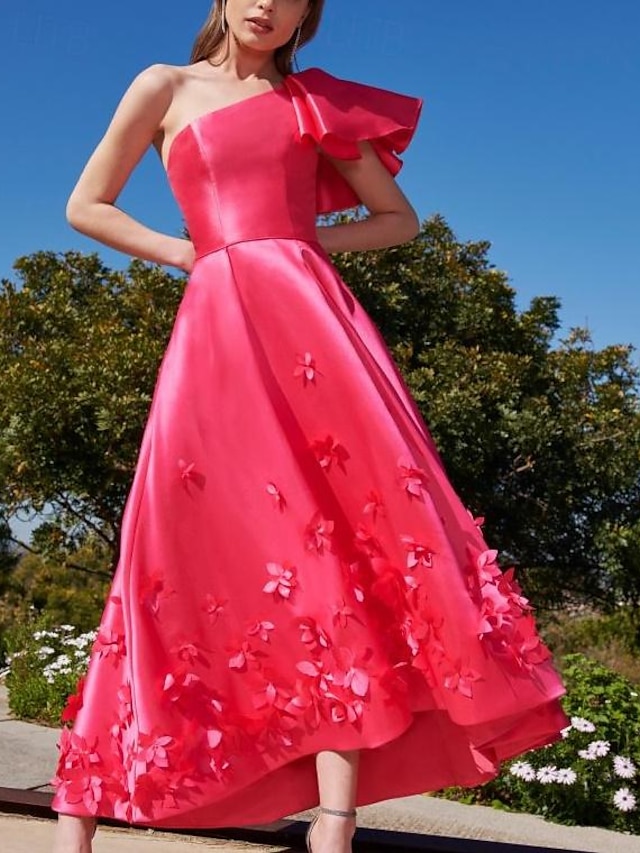  Γραμμή Α Φορέματα χορού Κομψό Φόρεμα Ημιεπίσημο Ασύμμετρο Αμάνικο Ένας Ώμος Ροζ φόρεμα Σατέν με Βολάν Διακοσμητικά Επιράμματα 2024