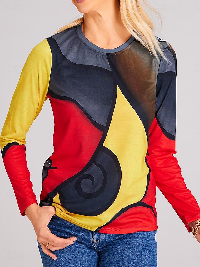  Damen Übergröße T Shirt Graphic Geometrisch Bedruckt Casual Festtage Vintage Ethnisch Langarm Rundhalsausschnitt Rote Herbst Winter
