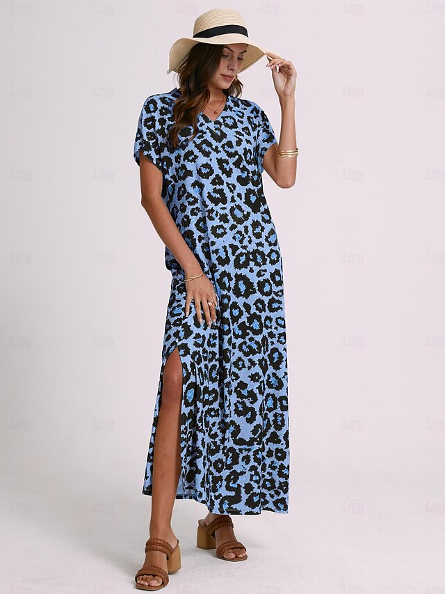  Dámské maxi šaty sundress shift šaty letní šaty streetwear sexy spadlý rukáv dovolená párty prázdniny regular fit leopardí krátký rukáv V výstřih růžové modré khaki léto jaro