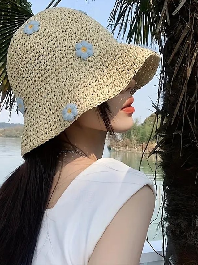  Flower Crochet Straw Bucket Hat Elegant Solid Color Breathable Sun Hats Lightweight Ruffle Fisherman Cap For Women Girls