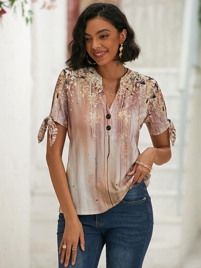  Damen T Shirt Graphic Täglich Wochenende Taste Ausgeschnitten Bedruckt Rosa Kurzarm Basic V Ausschnitt