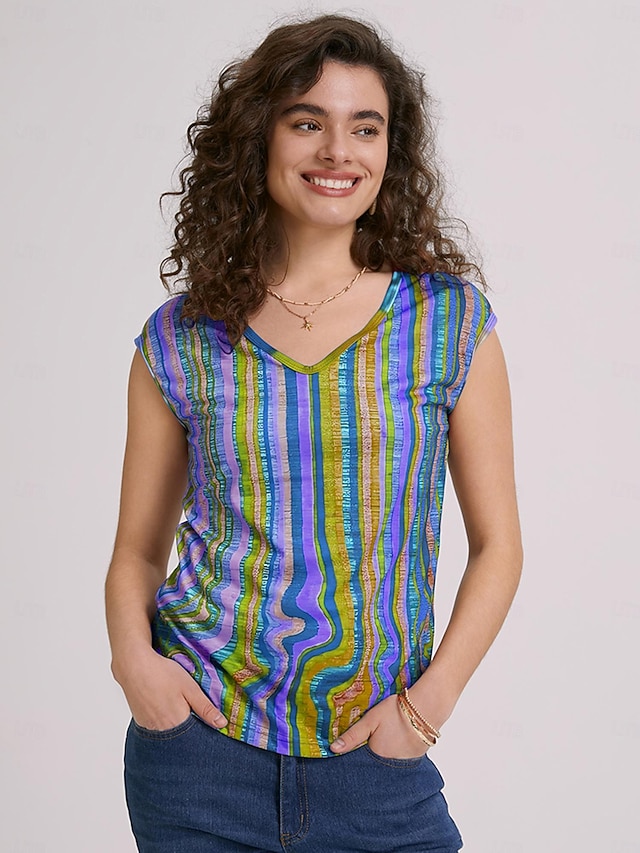 Débardeur en camisole pour femmes Imprimé rayé basique Néon et brillant Sans manches Hauts réguliers Col en V Décontracté Jaune Rose Bleu