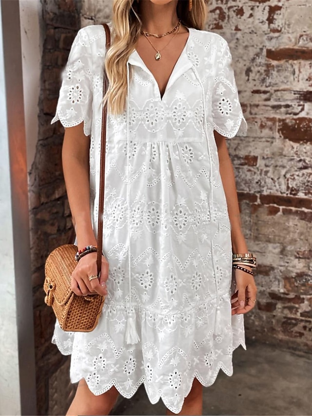  Γυναικεία Λευκό φόρεμα Φόρεμα Καθημερινό φόρεμα Μίνι φόρεμα Δαντέλα Μικρή Οπή Ημερομηνία Κομψό στυλ street Βασικό Λαιμόκοψη V Κοντομάνικο Λευκό Θαλασσί Φούξια Χρώμα