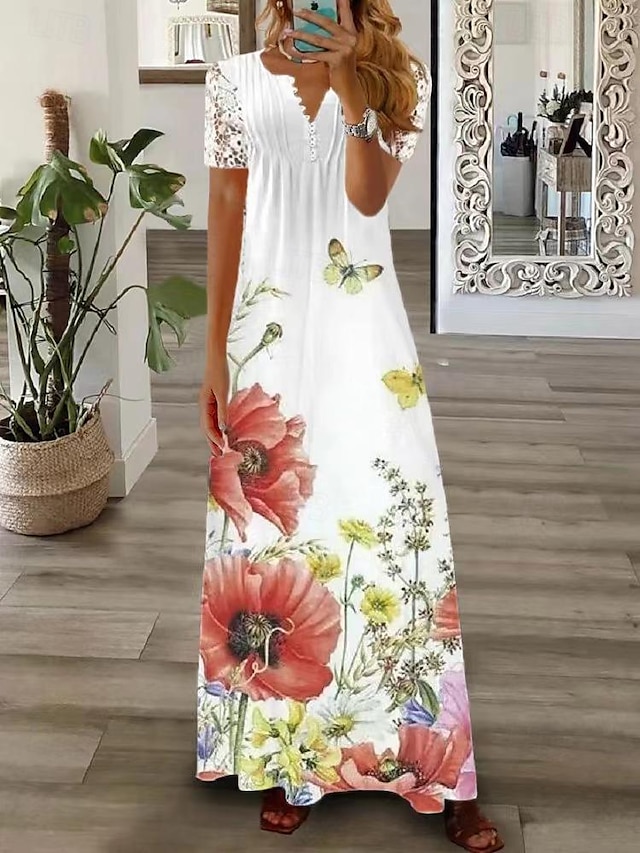  Γυναικεία Καθημερινό φόρεμα Φλοράλ Δαντέλα Στάμπα Λαιμόκοψη V Μακρύ Φόρεμα Μάξι Φόρεμα Διακοπές Κοντομάνικο Καλοκαίρι