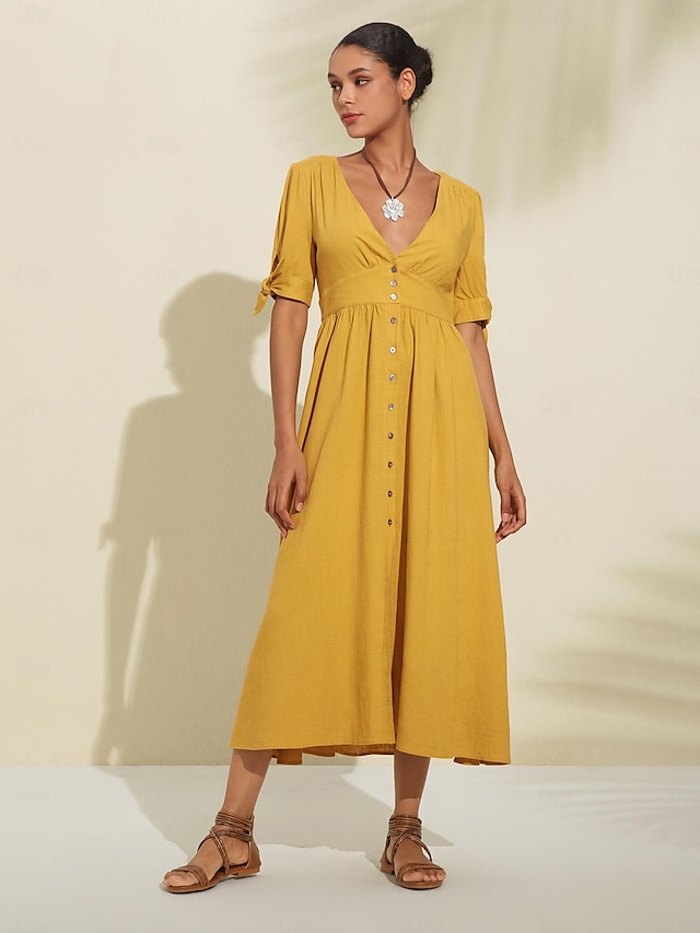  kvinders linned blanding gul sløjfe detalje midi te kjole