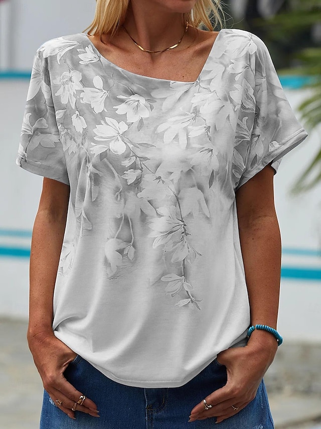  Femme T shirt Tee Floral Casual Vacances Imprimer Rose Claire Manche Courte Mode Col V Eté