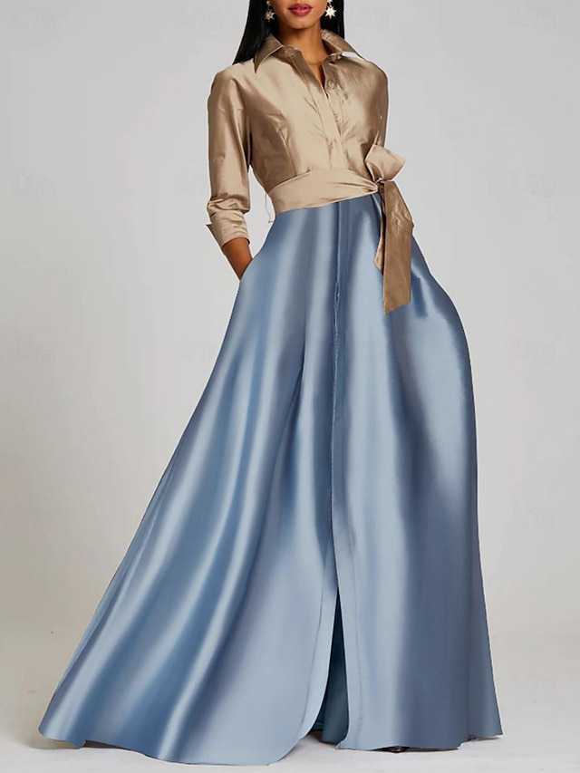  A-Line Evening Gown Elegant Dress Formal Floor Length 3/4 Length Sleeve Shirt Collar Satin with Slit Strappy 2024