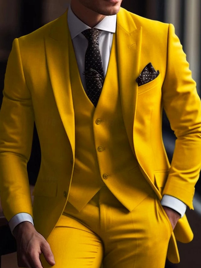  żółte męskie garnitury na studniówkę garnitury ślubne 3-częściowe jednokolorowe slim fit jednorzędowe, zapinane na dwa guziki 2024