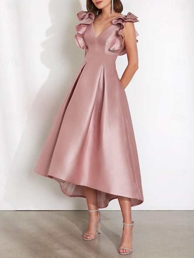  A-Linie Cocktailkleider Elegant Kleid kleid hochzeitsgast Kentucky Derby Tee-Länge Kurzarm V Ausschnitt Satin mit Rüschen 2024