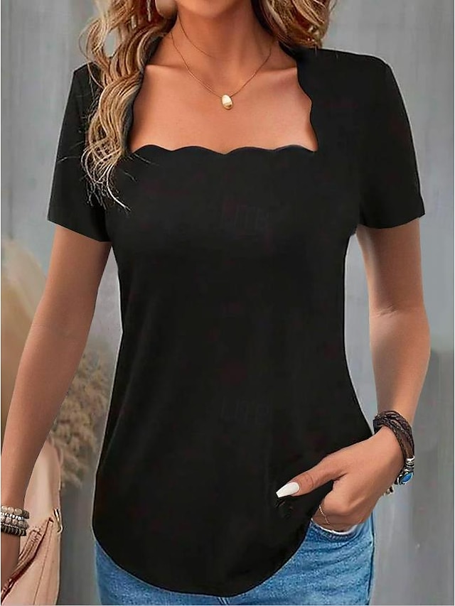  女性用 Tシャツ 平織り ラッフル パーティー 日常 スタイリッシュ ベーシック 半袖 Ｕネック ブラック 夏