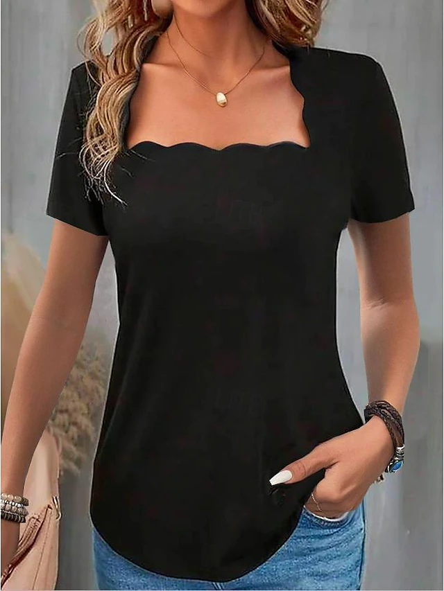Women's Scalloped Neckline T-shirt Short Sleeve Solid Color Slim Fit Stretch Casual Fashion Top Black 15