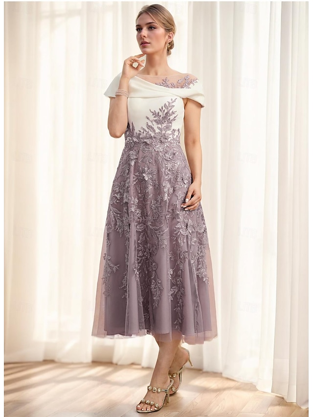 A-Line Mother of the Bride Dress  Wedding Guest Elegant Vintage Party Cowl Neck Ankle Length Tea Length Lace Stretch Fabric Short Sleeve Cap Sleeve with Bow(s) Ruched Appliques 2024