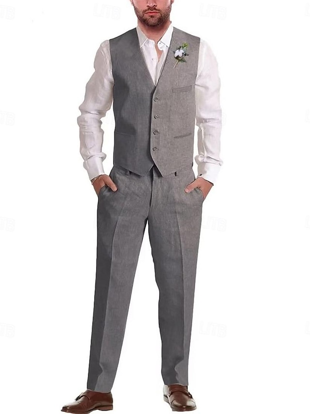  Black White Coffee Men's Wedding Linen Suits Solid Colored 2 Piece Tailored Fit 2024