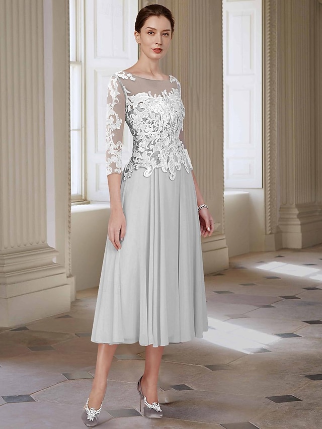  A-Line Mother of the Bride Dress Elegant Jewel Neck Asymmetrical Ankle Length Chiffon Lace 3/4 Length Sleeve with Appliques 2024