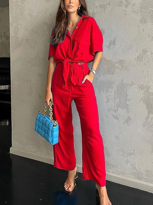  Hemd einstellen Damen Rote Blau Glatt Tasche 2 teilig Strasse Täglich Modisch Hemdkragen Regular Fit S
