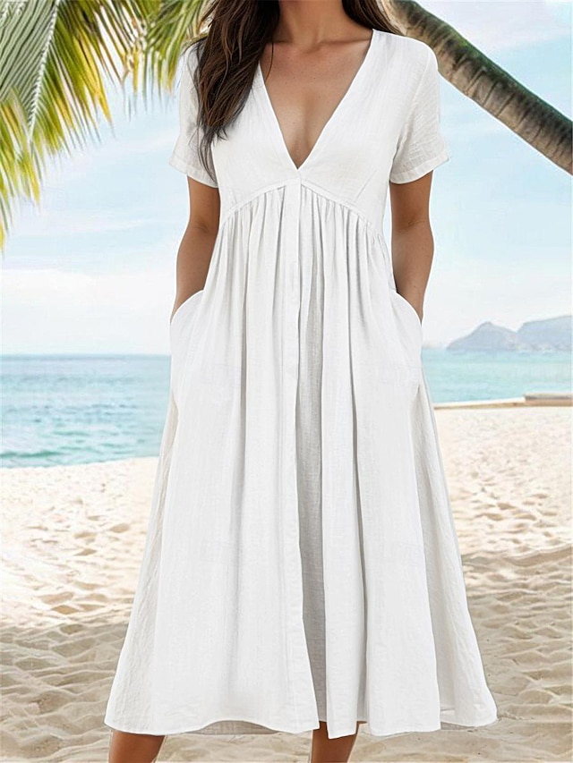  Γυναικεία Λευκό φόρεμα Φόρεμα από λινό Βαμβακερό καλοκαιρινό φόρεμα Μακρύ φόρεμα Τσέπη Καθημερινό Καθημερινά Λαιμόκοψη V Κοντομάνικο Καλοκαίρι Άνοιξη Λευκό Θαλασσί Σκέτο