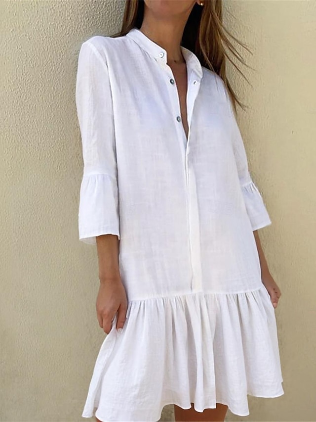  Γυναικεία Λευκό φόρεμα Φόρεμα πουκαμίσα Καθημερινό φόρεμα Μίντι φόρεμα Με Βολάν Κουμπί Βασικό Καθημερινά Όρθιος Γιακάς 3/4 Μήκος Μανικιού Καλοκαίρι Άνοιξη Μαύρο Λευκό Σκέτο