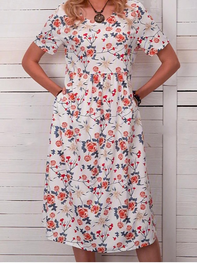  Γυναικεία Φλοράλ Τσέπη Στρογγυλή Ψηλή Λαιμόκοψη Μακρύ Φόρεμα Μάξι Φόρεμα Βοημία Καθημερινά Διακοπές Κοντομάνικο Καλοκαίρι Άνοιξη